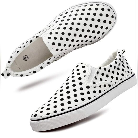 ☔️🔥White w/Black Polka Dot Canvas Slip-on Sneakers Size 8 - Picture 1 of 12
